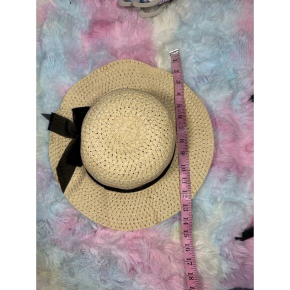Straw Wide Brim Sun Hat Black Ribbon Bow Natural One Size - Picture 8 of 9